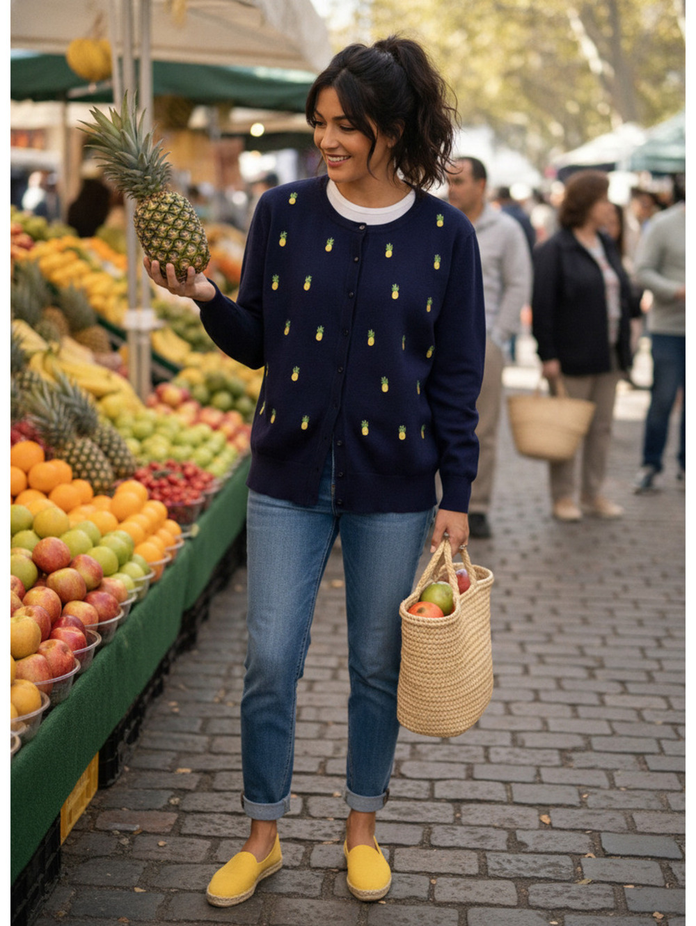Cable & Gauge Navy Blue Cardigan Sweater with Pineapple Embroidery, Medium